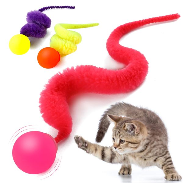 SHENGSEN Flashing Bouncy Ball with Tail Cat Toys-3 Pack,Magic Worm with Luminescence Ball Toy for Cats,Colorful Fuzzy Worm Bouncy Balls Cat Toy