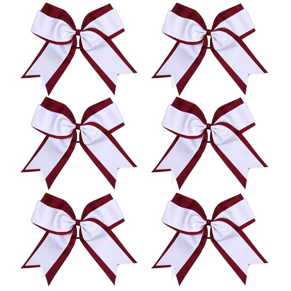 8 Inch 2 Colors 2 Layers 6 Pcs Jumbo Cheerleader Bows Ponytail Holder Cheerleading Bows Hair Elastic Hair Tie for High School College Cheerleading (Maroon/White)