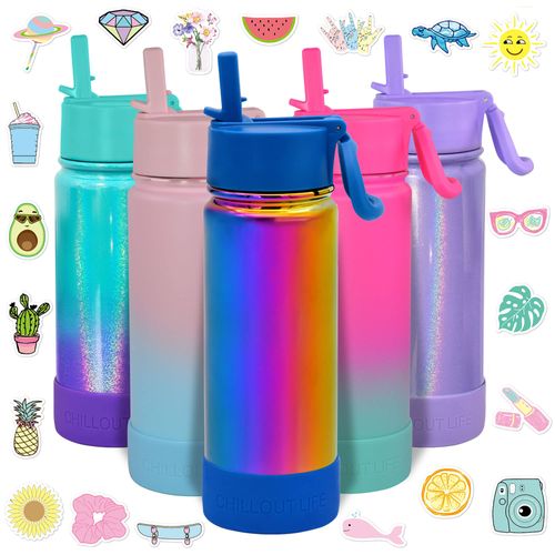 CHILLOUT LIFE 17 oz Kids Insulated Water Bottle for School with Straw Lid Leakproof and Cute Waterproof Stickers, Personalized Stainless Steel Thermos Flask Metal Water Bottle, Dishwasher Safe Color