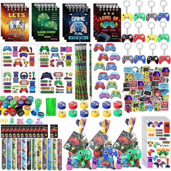 Sayglossy 171 Pcs Video Game Party Favors Set Includes Gift Bags Pencils Notebook Sharpener Slap Bracelets Rings Keychains Tattoo Gaming Stickers Stamper Gamer Party Favors for Kids Gamer Birthday