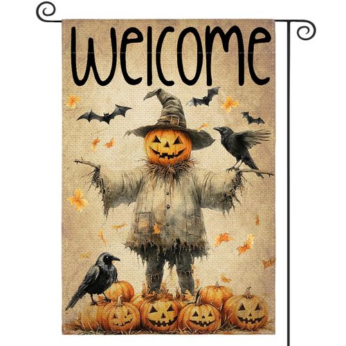 AVOIN colorlife Halloween Garden Flag 12x18 Inch Double Sided Outside, Jack-o'-lantern Scarecrow Welcome Yard Outdoor Flag