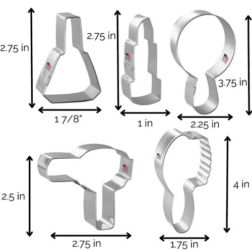 Foose Brand Diva Cookie Cutters 5 Piece Set - 2.75" Nail Polish, 3.75" Mirror, 2.75" Hair Dryer, 2.75" Lipstick, 4" Hair Brush, USA
