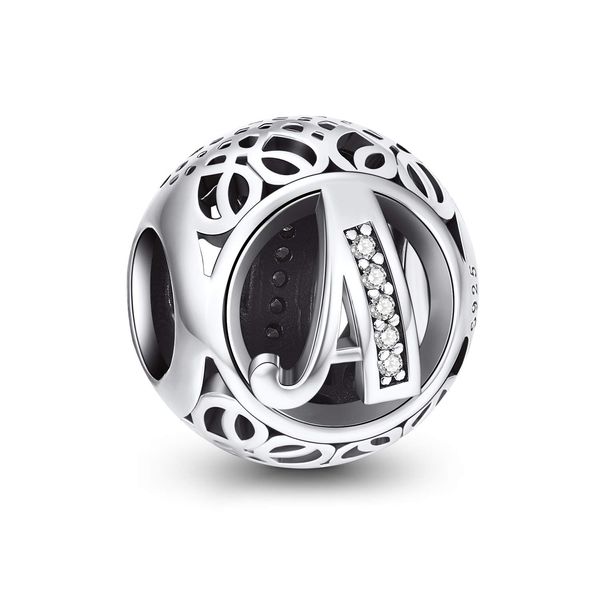 NINGAN 925 Sterling Silver Charm Letter of the alphabet for bracelets compatible with European bracelets., Cubic Zirconia