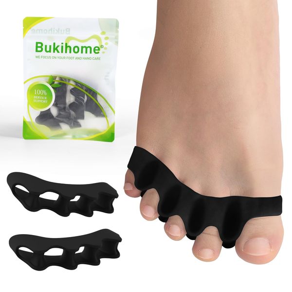 Bukihome Toe Separators, 4 Pair Soft Gel Toe Spacers to Correct Bunions, Toe Stretcher for Therapeutic Relief from Plantar Fasciitis, Claw Toes,Hammer Toes, Foot Pain for Women & Men (Black+M)