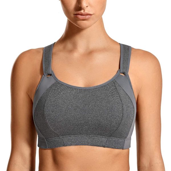 SYROKAN Women's Sports Bra Front Adjustable High Impact Support Padded Wireless Racerback Plus Size Running Bra Grey 36DD