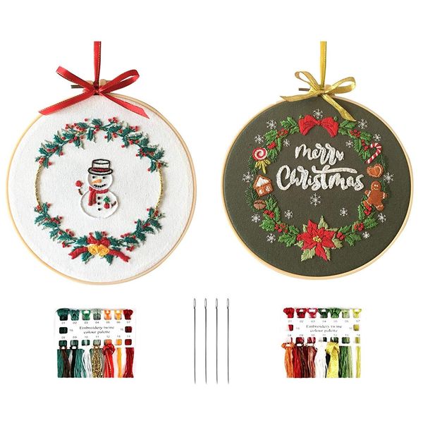 Embroidery Kit, Embroidery, Christmas Decoration, Cross Stitch Kit, For Beginners, DIY, Handmade, 2 Embroidery Frames, Inner Diameter: Approx. 7.9 inches (20 cm), Embroidery Thread, Embroidery Cloth, Embroidery Tool, Beginner Learning