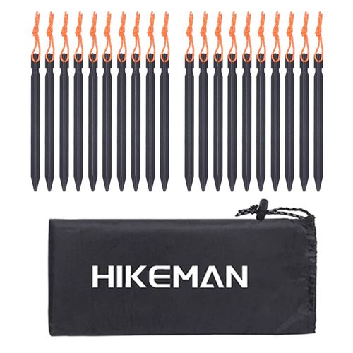 HIKEMAN Aluminium Alloy Tent Pegs with Drawstring - 20 Pieces Camping Tent Pegs Bag for Outdoor Camping, Travel, Hiking, Beach, Robust (Black)