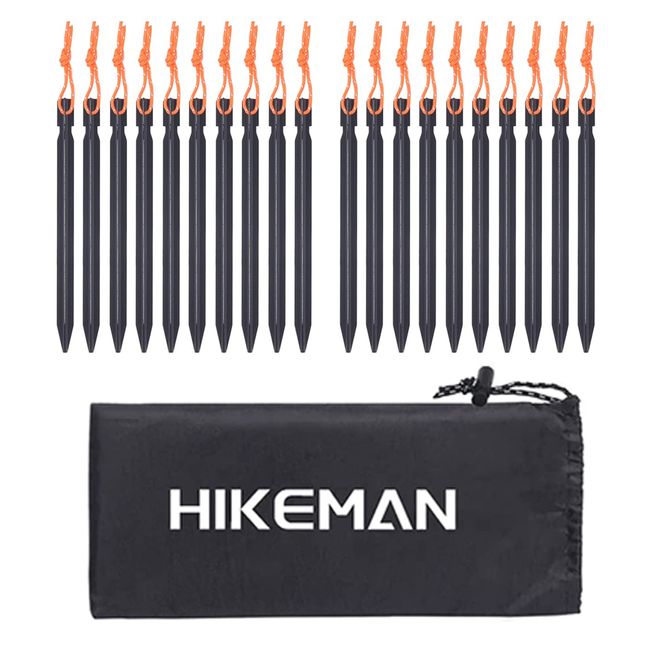 HIKEMAN Zeltheringe aus Aluminiumlegierung mit Kordelzug - 20 Stücke Camping Zelthering Tasche für Outdoor-Camping, Reisen, Wandern, Strand, robust(Schwarz)