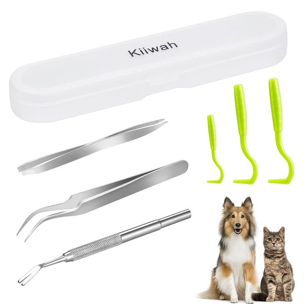 Kiiwah 6pcs Tick Remover for Humans Pets, Tick Removal Tool Set with Storage Box, Stainless Steel Tick Tweezers and Plastic Tick Hook for Men, Dogs, Cats