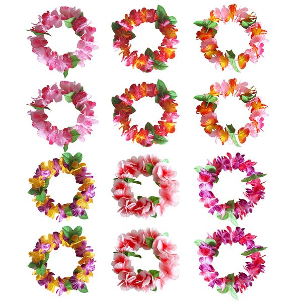 YAXAMING 12 Pcs Hawaiian Headband Hawaii Luau Tropical Leaf Flower Headpiece Hair Bands Hairband Women Floral Wreath Cosplay Summer Beach Festival Parade Wedding Dress Up Birthday Party Supplies