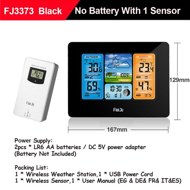 FanJu FJ3373 Multifunction Digital Weather Station LCD Alarm Clock Indoor  Outdoor Weather Forecast Barometer Thermometer Hygrometer with Wireless  Outdoor Sensor USB Power Cord 