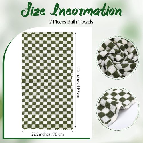 Peryiter 2 Pcs Checkered Bath Towel 27.5" x 55" Soft Large Towels for Beach Bath Bathroom Spa Shower Hotel Gym Pool(Green)