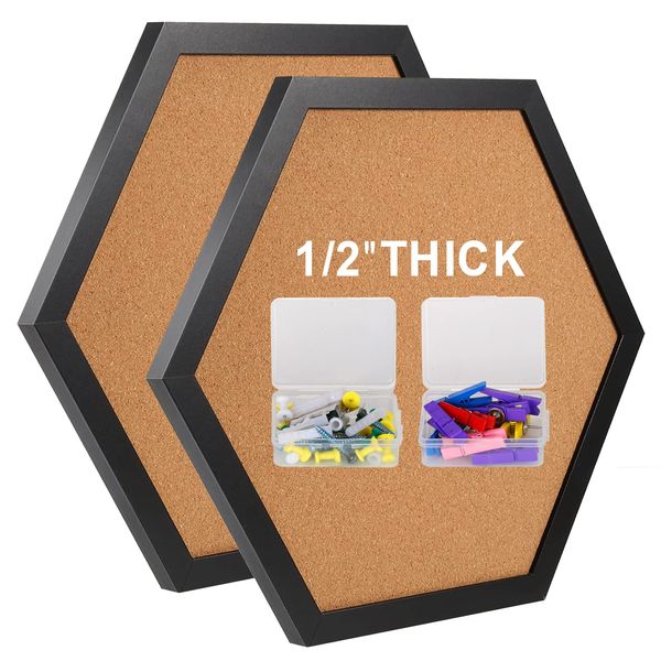 WAYHOUL Cork Bulletin Board for Walls, 1/2" Thick Hexagon Pin Board for Walls with Frame, Black Small Corkboard with 10 Push Pins and 10 Wood Clips, Tack Board for Home Office and School 2Pack