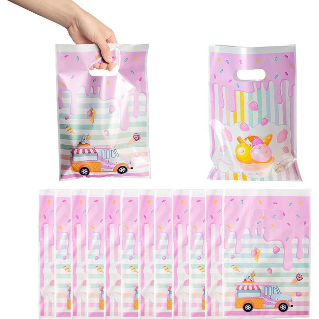 Haooryx 50Pcs Ice Cream Party Favor Bag, Popsicle Themed Plastic Gift Bag with Handle Summer Sprinkles Goodie Treat Candy Bags for Baby Shower Kids Birthday Summer Sweet Party Supplies