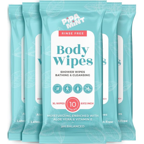 Body Wipes (5 Packs) 50 XL Shower for Adults Bathing, Traveling, Camping, Gym, Car, Adult Elderly, Bedridden Bath - Disposable Washcloths No Rinse