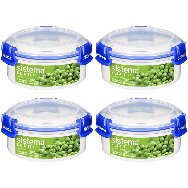 Sistema KLIP IT PLUS Round Food Storage Containers | 300 ml Leak-Proof, Stackable & Airtight Fridge/Freezer Containers with Lid | BPA-Free | Recyclable with TerraCycle® | 4 Count, Blue