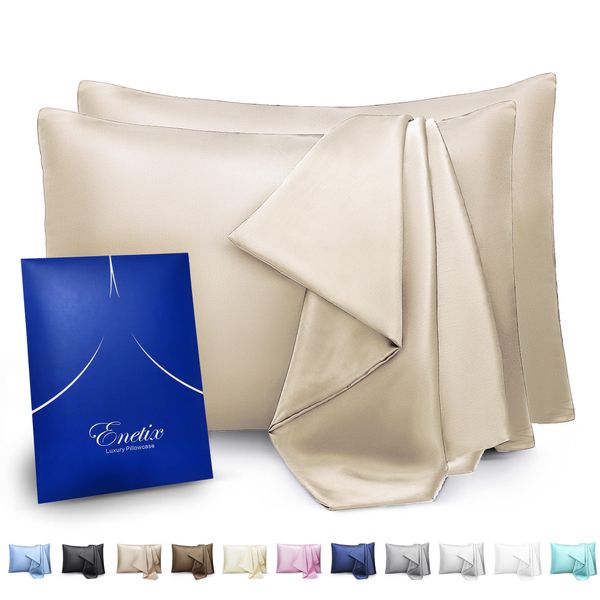 Enetix Silk Satin Pillowcase for Hair and Skin, 2-Pack with Gift Package, Acne Free Hidden Zipper Pillow Cover (Standard (50 x 75cm), Champagne Gold)