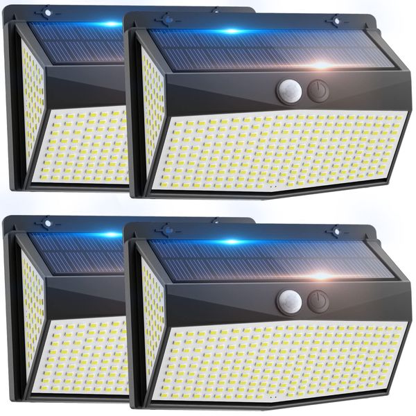 NACINIC 318 LED Solar Outdoor Lights Motion Sensor with 3 Lighting Modes, 270° Wide Angle Lighting, IP67 Waterproof Security Solar Powered Flood Lights for Outside Fence Wall Yard(6500K, 4 Pack)