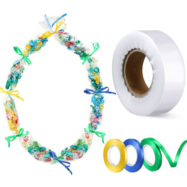 Glenmal Graduation Candy Lei Making Kit Plastic Lei Bags for Graduation Party Include 2 Inch x 110 yd Poly Tubing 3 Rolls Ribbon Graduation Lei Bags Crafts for Graduation Party Supplies