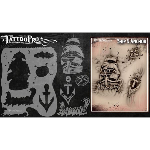 Tattoo Pro Airbrush Stencil Series 1 - Ship & Anchor, Mylar Airbrush Tattoo Template, Reusable Face Paint Stencil