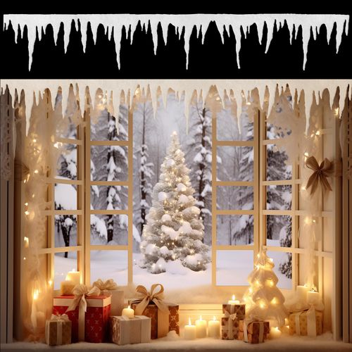Yoojahow 2 Pcs Christmas Icicle Decorations for Village 7 ft Artificial Fake Christmas Icicle Trim for Window Fabric Glitter Snow Fringe Borders Decorations Winter for Holiday Indoor Outdoor Decor