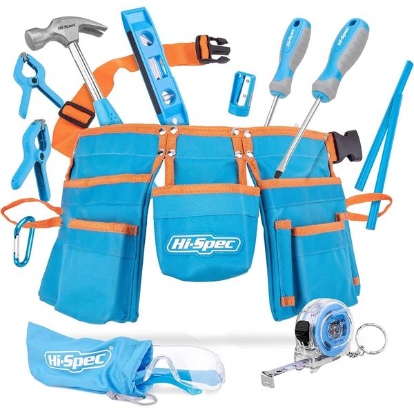 Hi-Spec 12 Piece Young Builder's Tool Set Tool Belt with Real Hand Tools, Eye