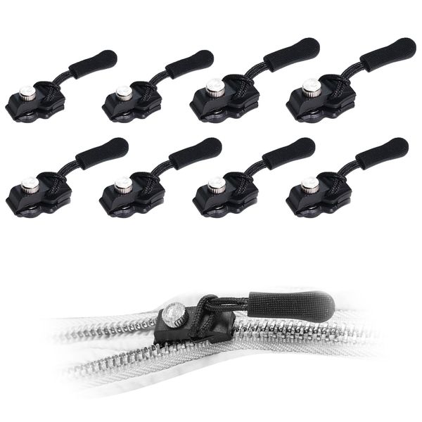 8PCS Removable Zipper Repair Kit, No Tools Required Universal Replacement Instant Zipper Fix Sliding Teeth Screw Head, Spare Zipper Pullers with 3 Different Sizes, Black Nylon Coil Zippers Puller