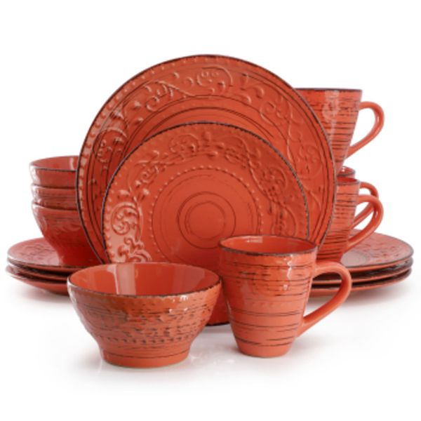 Elama Malibu Jasper 16-Piece Stoneware Dinnerware Set In Orange