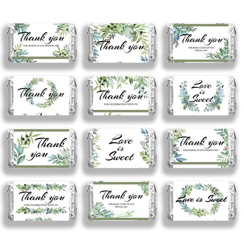 arricraft 120 Pcs Wedding Candy Wrapping Paper, Thank You Green Mini Candy Bar Wrapper Love Is Sweet Chocolates Bar Label Stickers for Guests Wedding Party Favors