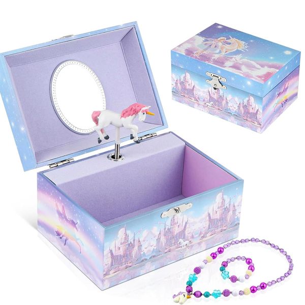 Homtibrm Musical Jewellery Box for Girls with Unicorn Jewelry Set, Kids Jewellery Box Music Box with Spinning Unicorn Birthday Gifts for Girls,Dreamy Unicorn Tune