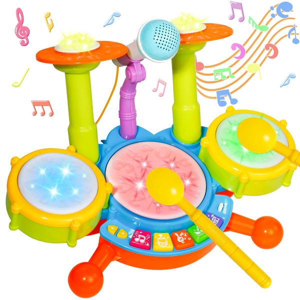 Drum Set for Toddlers 1-3, Toys for 1 Year Old Boy Birthday Gift, Kids Drum Set Musical Toys for Toddlers 1-3, Baby Drum Set with Microphone Toddler Drum for Ages 2-4 Brithday Gifts for Boys Grils