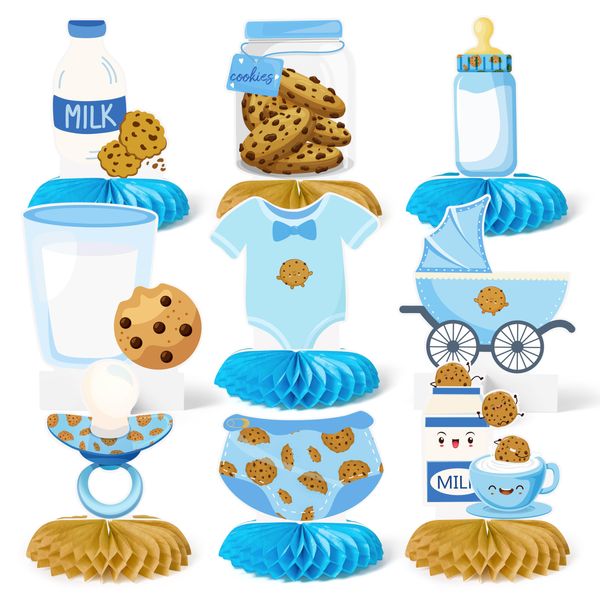 HoiSumma 9 Pcs Milk and Cookies Birthday Party Decorations Supplies Honeycomb Centerpieces Cute Blue Milk Chocolate Chip Biscuit Themed 3D Table Toppers Decor for Kids Boys Baby Shower Gender Reveal