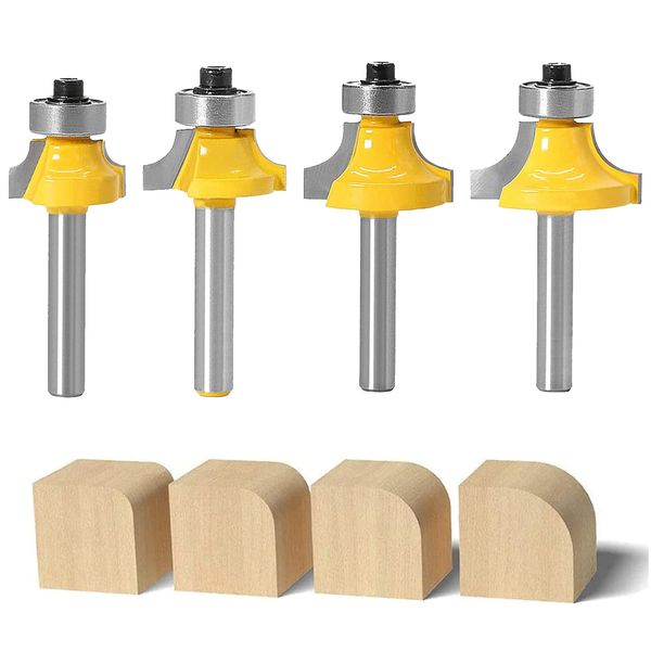 Woodworking Milling Cutter 4 Pcs 1/4 Inch Round Router Bits Milling Bits Carbide Tipped Router Bit Wood Milling Saw Cutter Shank Round Over Router Bit, for Home & Diy, Woodworking Tool