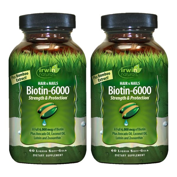 Irwin Naturals Biotin-6000 - 60 Liquid Soft-Gels, Pack of 2 - Supports Strength & Protection for Hair & Nails - With Avocado Oil, Coconut Oil, Lutein & Zeaxanthin - 60 Total Servings