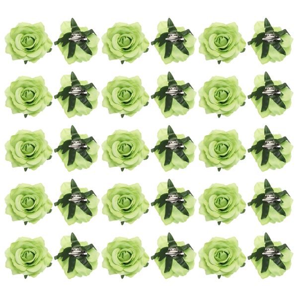 MECCANIXITY 30 Pcs Rose Flower Hair Clips 4 Inch Flower Hair Pins Flower Brooch for Women Hair Accessories Green