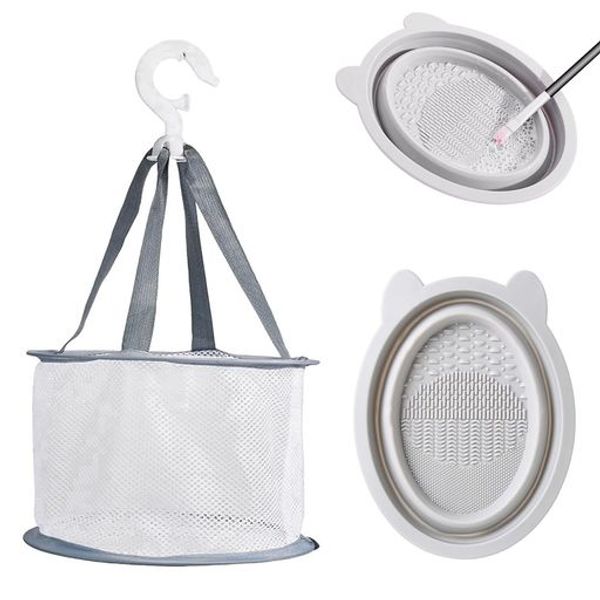 Makeup Brush Cleaning Set 2-Piece Set Makeup Brush Cleaner Foldable Silicone Cleaning Tool Silicone Bowl Drying Net Hanging Drying Net Home Travel Durable Gray