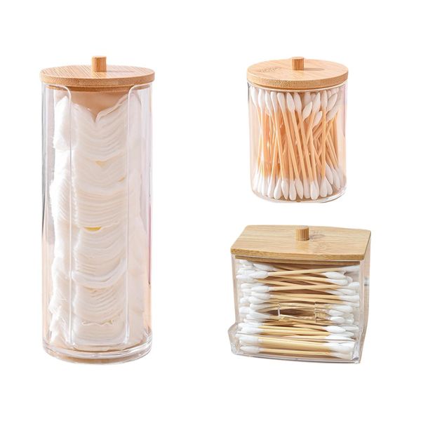 ARTGHJL Pack of 3 Cotton Buds Container, Cotton Pad Dispenser, Cotton Pads Storage with Bamboo Lids, Transparent Acrylic Cotton Buds Storage Box, for Cotton Balls, Ear Sticks, Cotton Pads