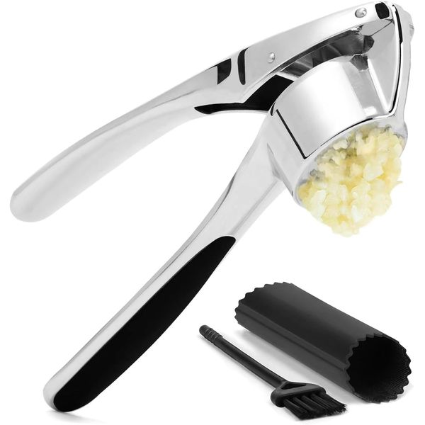 Durable Garlic Press with Silicone Peeler and Brush Rustproof Garlic Smasher