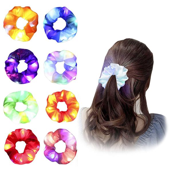 8 Pcs LED Scrunchies, LED Light up Elastic Hair Bands, Light Up Scrunchies, Glow In The Dark Hair Ties, Neon Hair Accessories, for Women Girls Christmas Glow Rave in The Dark Party Supplies