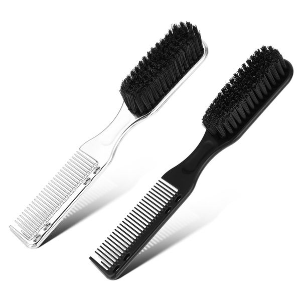 Amaxiu 2Pcs Barber Clipper Cleaning Brush With Barber Combs, Clipper Combs Flat Top Comb Barber Beard Brush Hair Styling Brush Tool Barber Accessories Cleaning Supplies(Silver+Black)