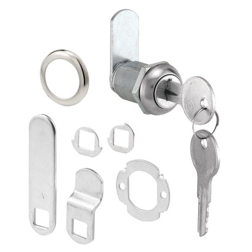 Defender Security U 9943 Diecast Drawer and Cabinet Lock – 3 Cams, Trim Collar, 2 Washers, 2 Keys and Fasteners – 7/8 In. Length for 9/16 In. Max Panel Thickness, Stainless Steel (1 Set)