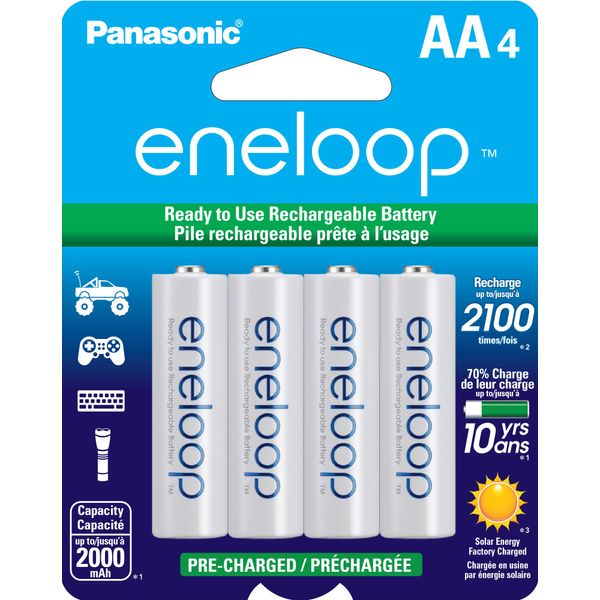 Eneloop 4 Pack NiMh Rechargeable Batteries for Camera, Toys, TV Remote, Gaming Controller, Radio, Flashlight, Mouse, Remote Control Vehicle, Wireless Keyboard, Phone