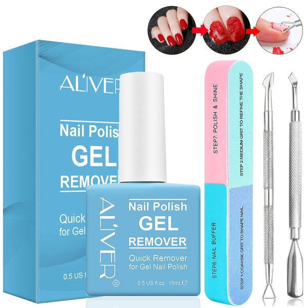 Gel Nail Polish Remover with Nail Buffer & Cuticle Pusher, Professional Remove Gel, Manicure Tools Kit for Nails in 2-5 mins