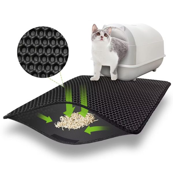 Katzenklo Matte 75x55 CM mit Klettverschluss und Großes Loch Design, Katzenstreu Matte Doppelte Wasserdichte und Rutschfeste, Katzenmatte Katzenklo Ungiftiges Material, Cat Litter Mat Schwarz