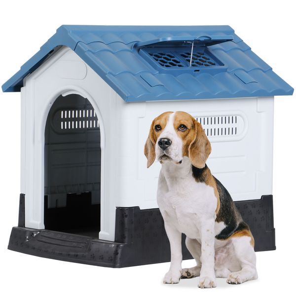 26" Plastic Dog House Pet Dog Kennel Water Resistant w/ Adjustable Skylight Blue