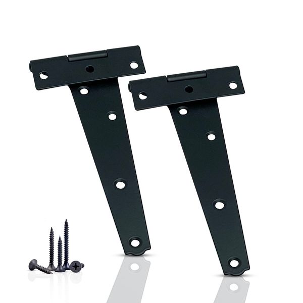 Garden Gate Hinges for Wooden Shed - 6 Inch 2Pcs Weather & Rustproof Powder Coating Metal Tee Strap Black Door Hinges for Garden Shed, Window, Fence, and Barn Gates