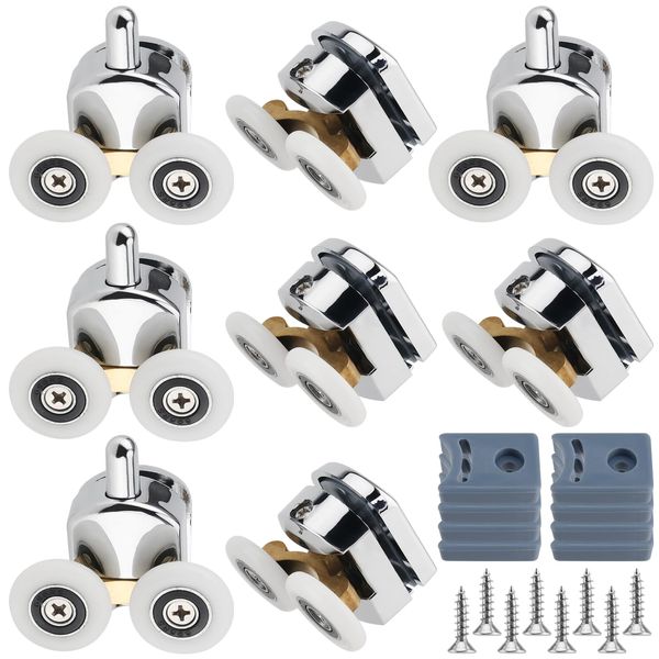 FUNSUEI 8 PCS Shower Door Rollers, Shower Door Wheels with 25mm Wheels, Curved Shower Door Rollers Shower with Anti-Collision Block and Screws Glass Door Rollers for 4-6mm Thickness Curved Door