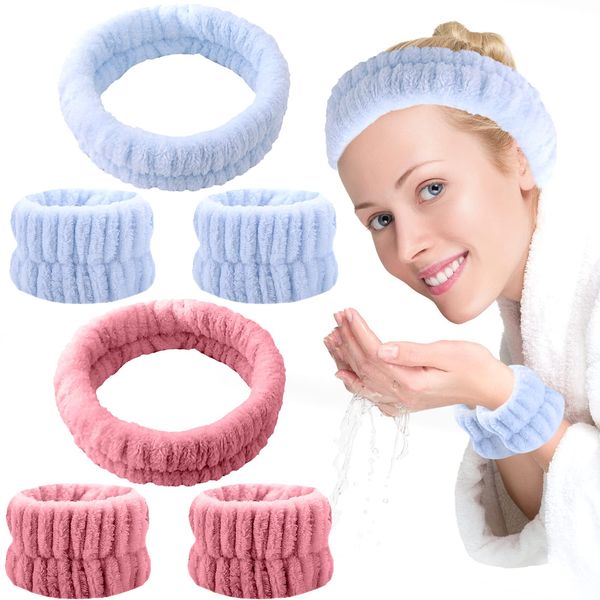 ZOCONE 6 PCS Spa Headband Wrist Washband Wash Set, Soft Elastic Headband for Washing Face Fluffy Facial Headband and Wristband Set Microfiber Towel Headband for Women Girls Shower Sports Makeup Bath