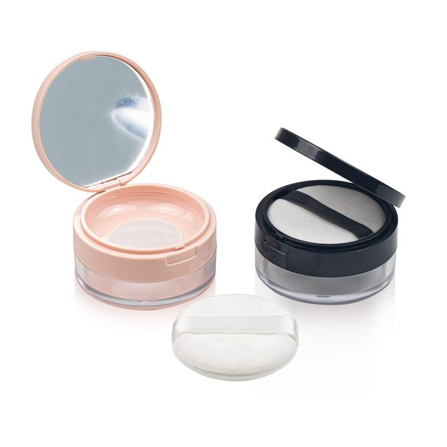 ELANE 2 Pcs Empty Powder Container with Puff,Loose Powder Compact with Mirror And Puff Empty Powder Compact,Makeup Powder Container (pink,black)