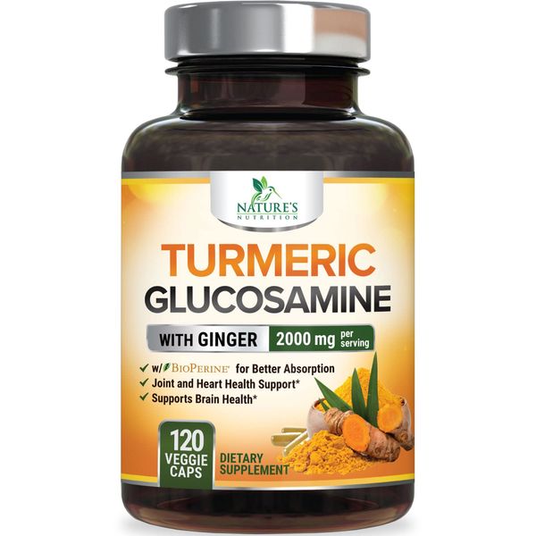 Turmeric Curcumin with BioPerine, Ginger & Glucosamine 95% Curcuminoids 2000mg - Black Pepper for Max Absorption, Natural Joint Support, Nature's Tumeric Extract Supplement, Non-GMO - 120 Capsules